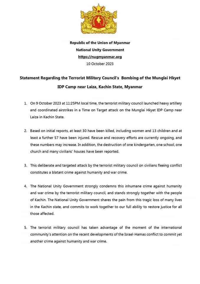 bloggernpl's tweet image. NUG’s statement regarding Terrorist Military Council’s bombing of the Munglai Hkyet IDP Camp near Laiza, Kachin State, Myanmar.
#SaveMyanmar
#NotATarget