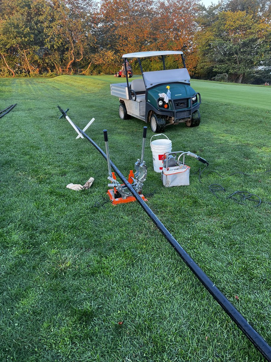 ParkerBTurf's tweet photo. Putting in the hours lately fusing pipe for our driving range renovations. Can remember sitting in irrigation class back in college wondering when and where I’d ever get to do this stuff. Well here I am. https://t.co/pMeOkMSmne