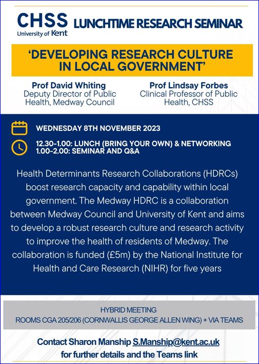 One for your diaries! This <a href="/CHSS_Kent/">CHSS</a> ONLINE Research seminar on 8 November is open to anyone interested in developing research in local government. Contact Sharon to receive joining link!  S.Manship@kent.ac.uk