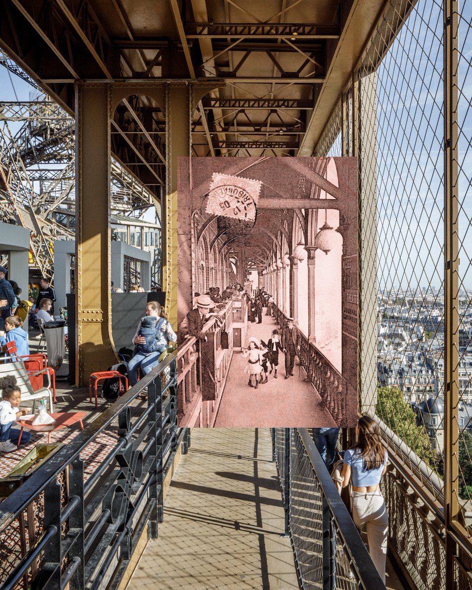 LaTourEiffel's tweet image. 🇫🇷 1919 vs 2023, dans une coursive du 1er étage ! Cette carte postale, du début des années 1900 nous permet de replonger dans les ambiances et installations d’antan ! #AvantAprès