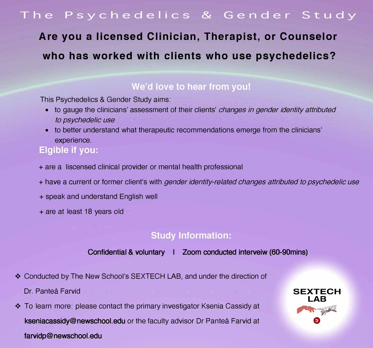 Actively recruiting licensed clinicians for our #psychedelics and #gender study - contact me or Dr @PaniFarvid to participate, and spread the word! #psychedelicresearch #genderdysphoria #sexuality #SexTechLab