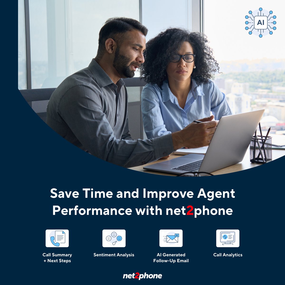 Listening to agent calls is vital for quality assurance but it can be a huge time waster. What if supervisors could free up that time to work on other vital tasks like managing operations? With net2phone AI, they can! Learn more about it today! hubs.li/Q024xkB60