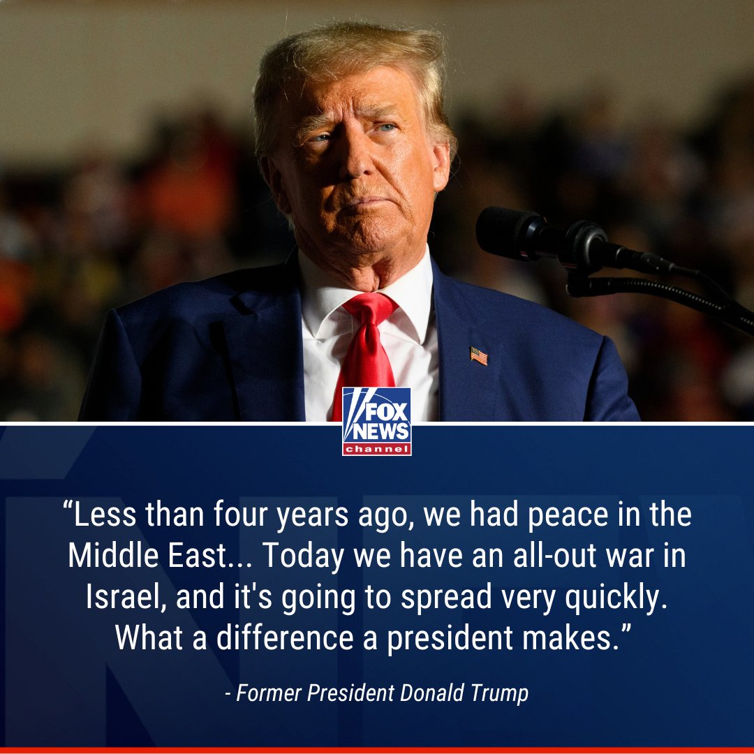 FoxNews's tweet photo. TAKING AIM: Trump claims "atrocities we are witnessing in Israel" would have never happened if he was still president. https://t.co/9MUjeyqSow https://t.co/6cn40UZTqH