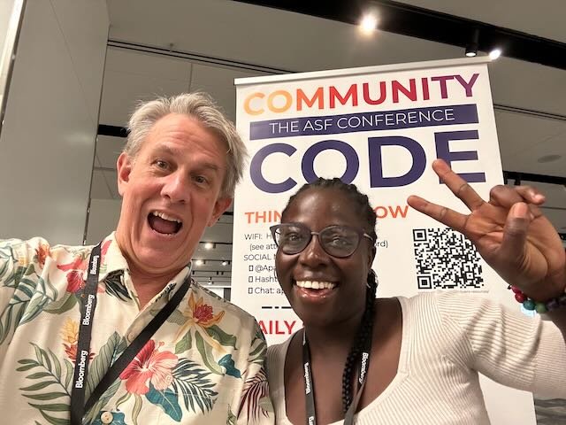 Today's Hawaiian shirt, along with our #COC2023 keynote speaker <a href="/MesrenyameDogbe/">Abigail</a> - very much looking forward to sharing #OpenSource event ideas all around the world! 🤩 @apachecon