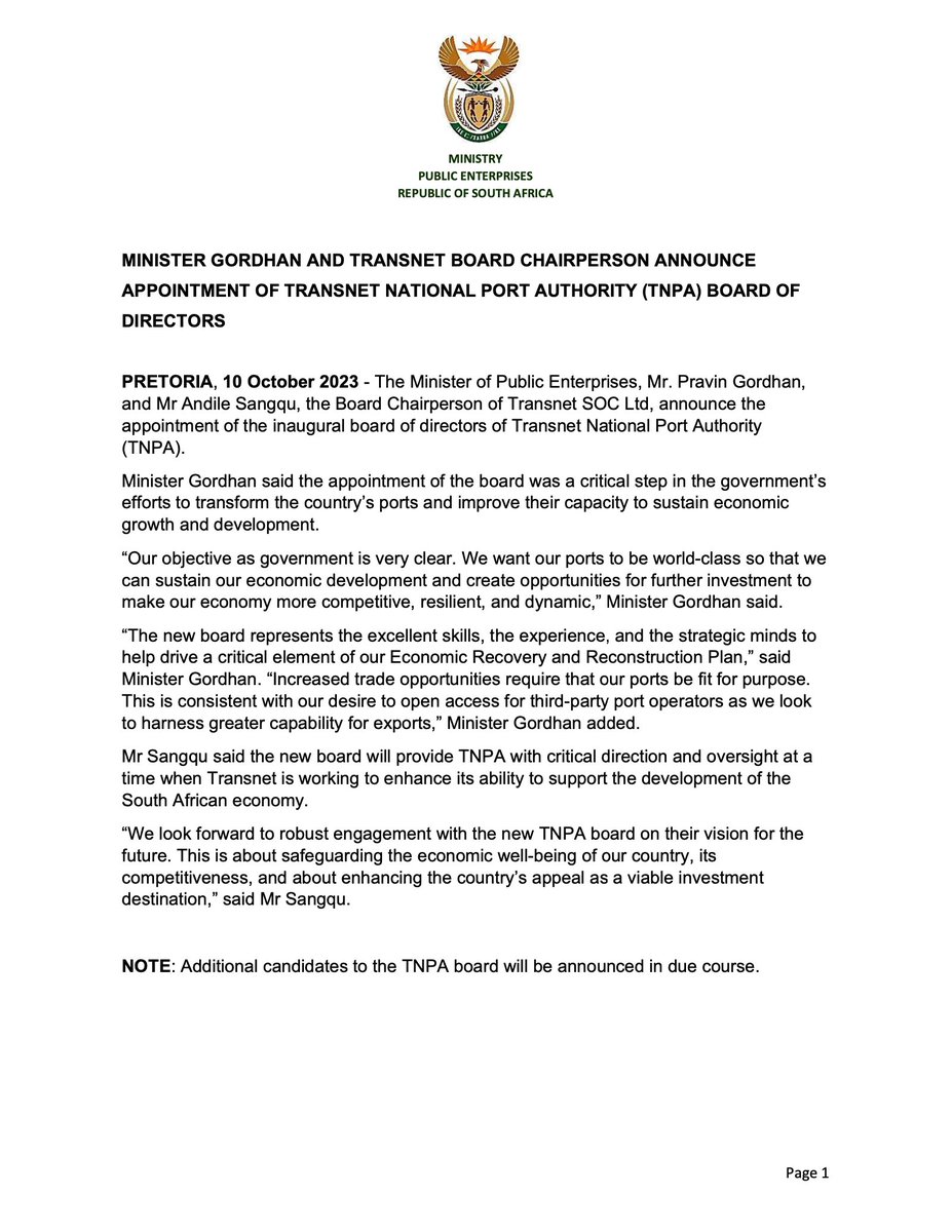 DPE_ZA's tweet photo. Minister Gordhan and Transnet Board Chairperson Announce Appointment of Transnet National Ports Authority (TNPA) Board of Directors https://t.co/s7RQd0vggT