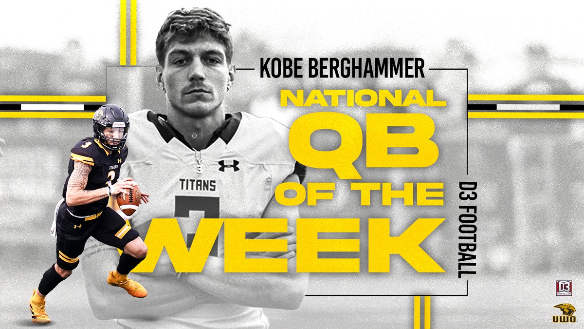 Kobe Berghammer earned <a href="/d3football/">D3football.com</a> Team of the Week for his record-breaking performance at UW-Stout🏈

Berghammer is now the <a href="/UWOFootball/">UW-Oshkosh Football</a> single-game record holder in completions (42), passing yards (466) and all-purpose yards (571)🤯

📰uwoshkoshtitans.com/sports/fball/2…

#GoldStandard