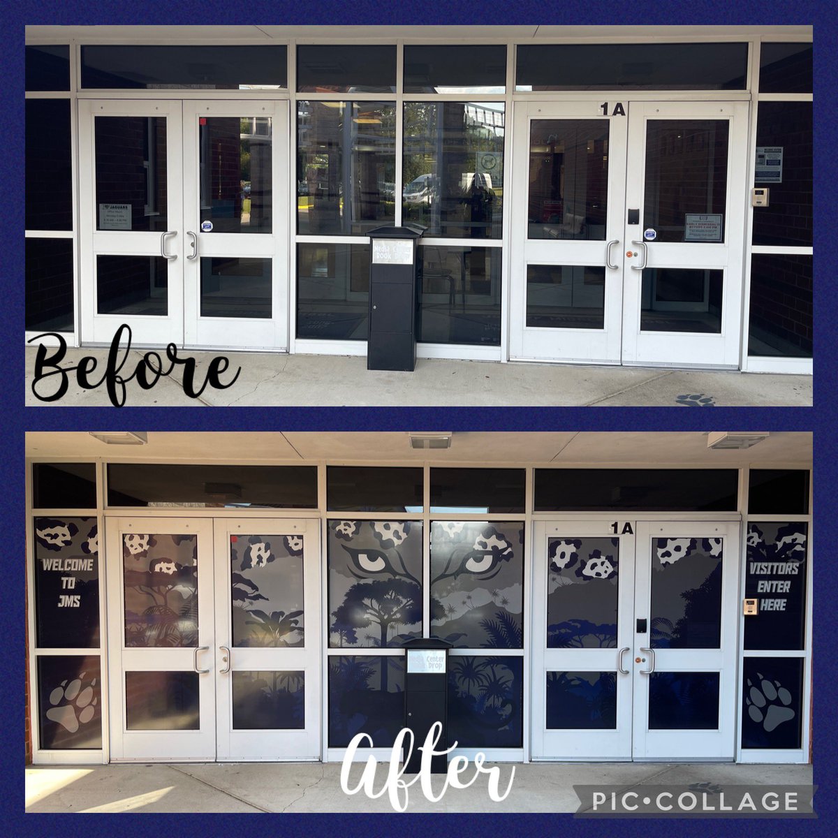 JolliffMiddle's tweet photo. Welcome to Jolliff, where the Jaguars prowl! π Thank you to @gohackworth and The Graphic Shop for our freshly upgraded front doors! π©Άππ #jaguarsprowl #wecanseeyou #eyesinthejungle #maintainsecurity #LevelUpJMS #HackworthGraphics #TheGraphicShop https://t.co/dRjql5PLRb