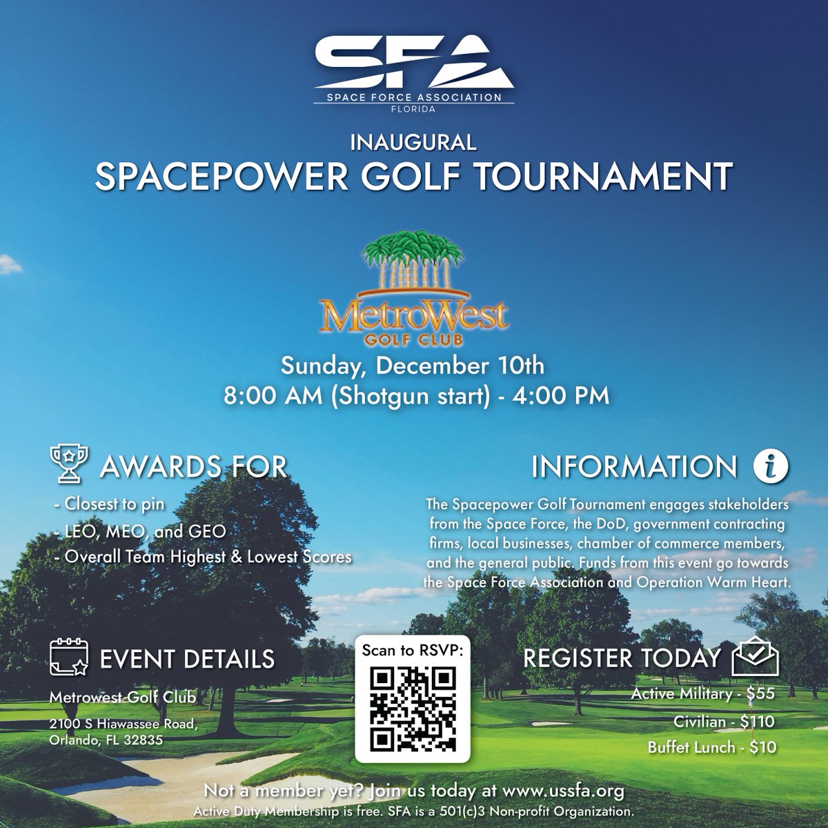 FLChapterSfa's tweet image. 🏌️‍♂️ Join us for the Inaugural Spacepower Golf Tournament on Dec 10 at Metrowest Golf Club, Orlando. Network with DoD branches &amp;amp; support Operation Warm Heart. Prizes for top scores! Military discounts available. 🚀members.ussfa.org/event-5448650 #Spacepowerconference #sfa #spaceforce