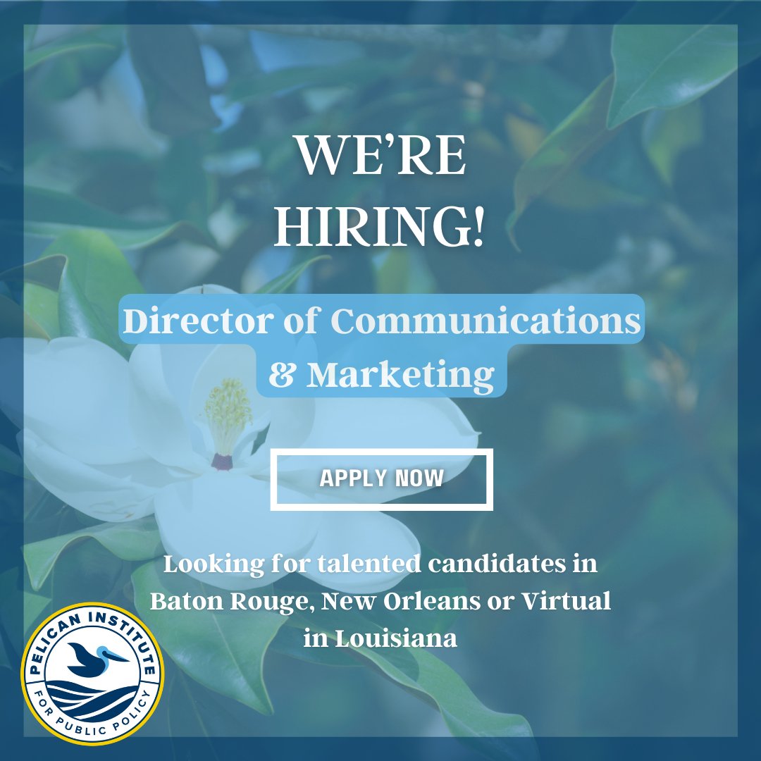 PelicanInst's tweet photo. We have another opportunity to join our team! The Director of Communications and Marketing will craft strategies to connect with thousands of Louisianans, build relationships, and simplify policy messaging.  Targeting 5+ yrs exp. https://t.co/pNxvDGpgOj. https://t.co/fHadPmOqxM
