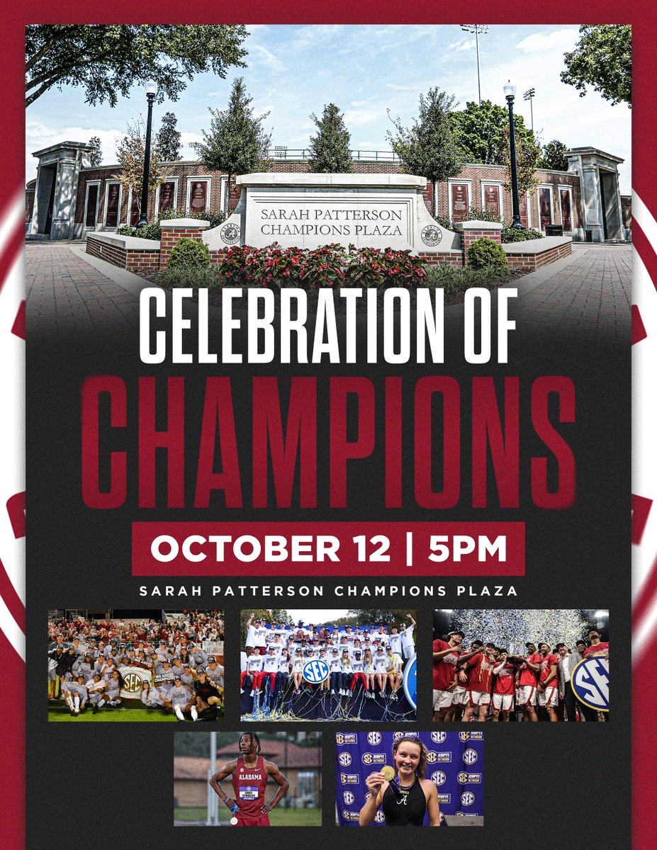 A Celebration of Champions

Join us this Thursday at 5 p.m. at the Sarah Patterson Champions Plaza as we celebrate our champions from this past year! The unveiling ceremony is free to attend.

#RollTide #ChampionshipSchool