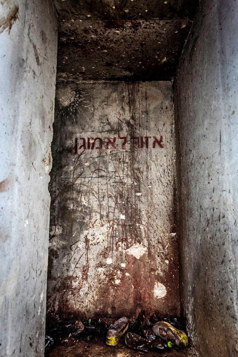 nexta_tv's tweet photo. 🔞 Warning: sensitive content

#Hamas terrorists threw grenades at a bunker where civilians were hiding

The Nature Party festival participants were hiding there during the militant attack. The walls of the bunker are covered with blood up to the ceiling. The video shows a man running out of the bunker after seeing a grenade, but the terrorists shoot him dead.