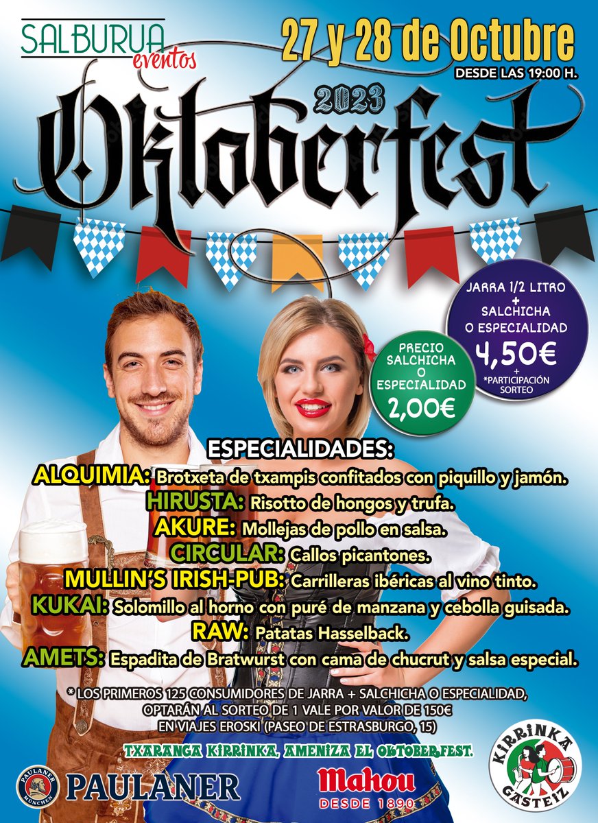 🍺¡Otro año más vuelve el #Oktoberfest a Salburua! El 27 y 28 de octubre desde las 19:00h🍻 por 4,50€ disfruta de tu jarra de cerveza con nuestras típicas carrilleras al vino tinto. Los 125 primeros tienen asegurada la participación en el #sorteo ¡Te esperamos!