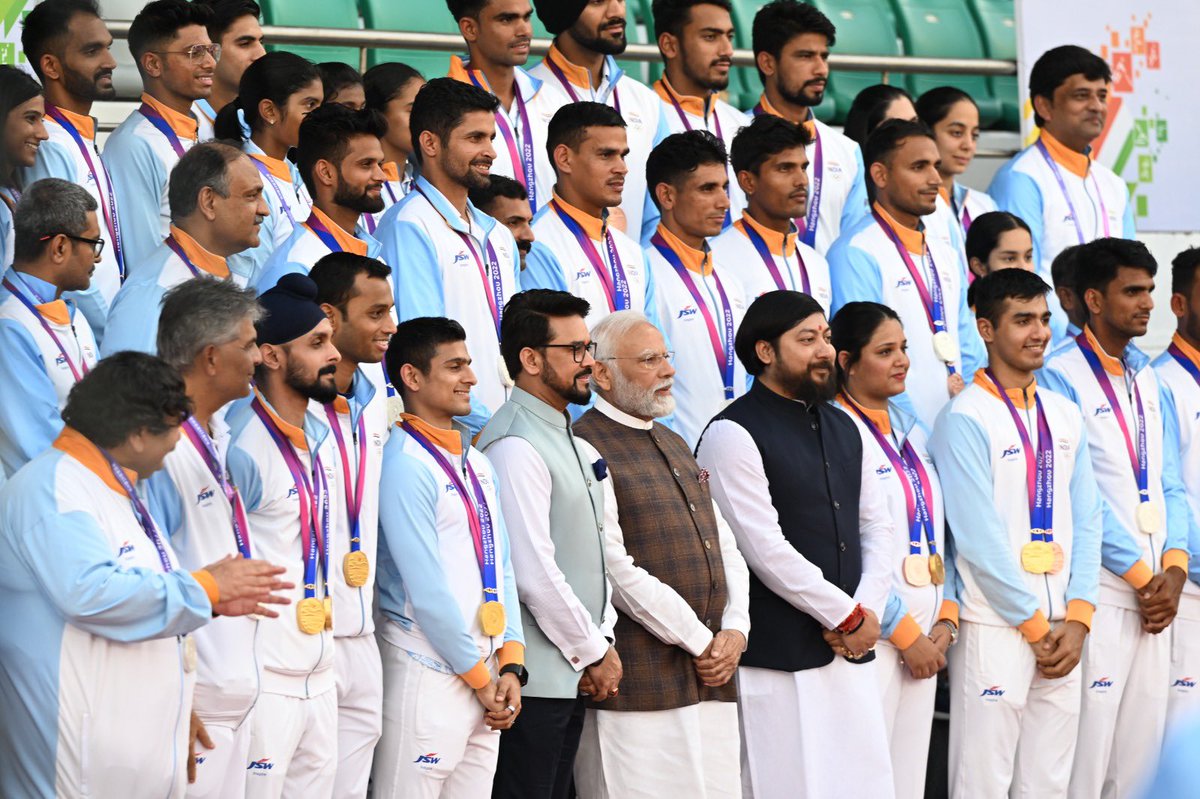 ianuragthakur's tweet photo. Humbled and grateful to the Hon'ble Prime Minister Shri @narendramodi Ji for sharing his wisdom with our Bharatiya contingent at the Asian Games and consistently offering them his enduring support and encouragement.

Our athletes, achieving their best-ever performance and securing a historic victory at the Asian Games, have paved the way for transforming our nation into a sporting powerhouse.

I extend my gratitude and admiration to Prime Minister Modi for his unwavering dedication and support for sports in Bharat.