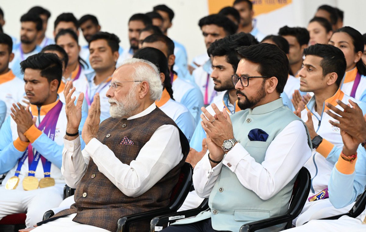 ianuragthakur's tweet photo. Humbled and grateful to the Hon'ble Prime Minister Shri @narendramodi Ji for sharing his wisdom with our Bharatiya contingent at the Asian Games and consistently offering them his enduring support and encouragement.

Our athletes, achieving their best-ever performance and securing a historic victory at the Asian Games, have paved the way for transforming our nation into a sporting powerhouse.

I extend my gratitude and admiration to Prime Minister Modi for his unwavering dedication and support for sports in Bharat.