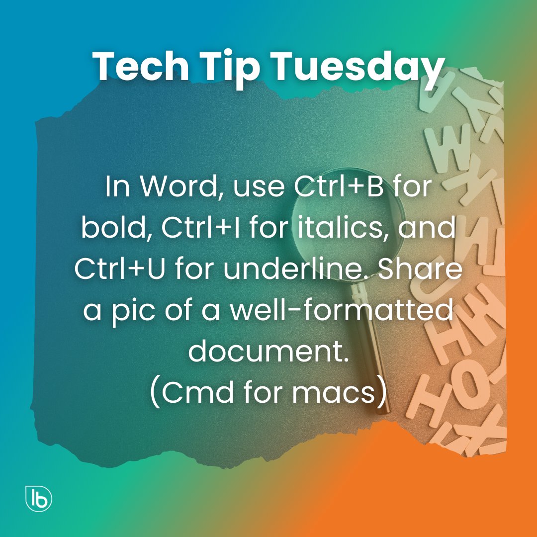 lifebridgewv's tweet image. 🖋️ Boost your Word skills with this quick tip! Use Ctrl+B for bold, Ctrl+I for italics, and Ctrl+U for underline. ✍️✨ Try it out and share a pic of your perfectly formatted document. 📄💥 #TechTipTuesday #WordFormatting #DocumentSkills 🚀📸