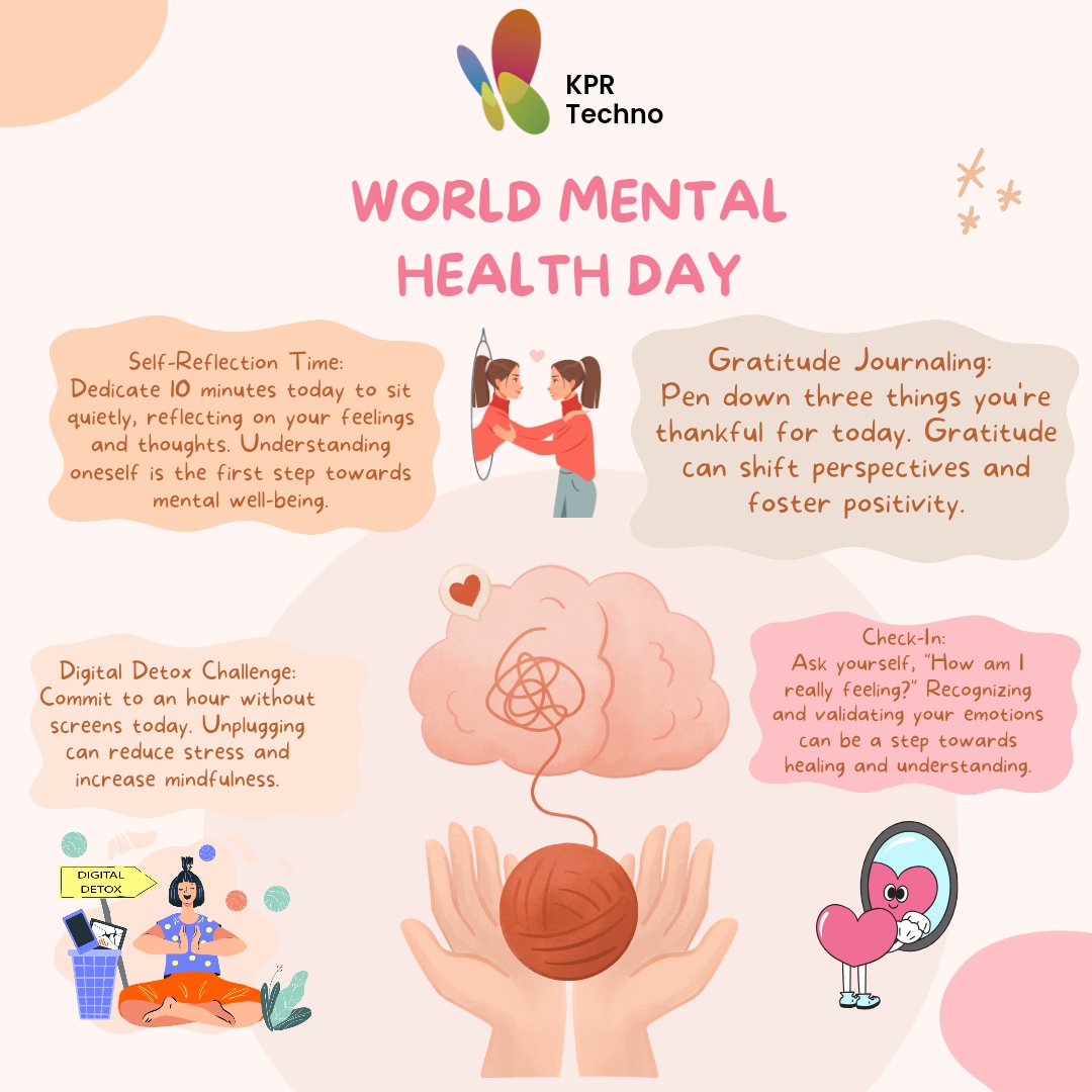 🌍 Taking a moment for introspection this #WorldMentalHealthDay. 🧘 Dive deep into self-awareness, express gratitude 📝, unplug from the digital world 🚫📱, and genuinely check in with your emotions ❤️. #MentalWellnessJourney 🧠🌱