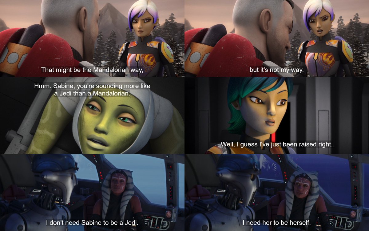 'Sabine is meant to be a mandalorian, not jedi'

Sabine comes from families of mandalorians and jedi. She is everything her families gave her and more, she isnt meant to be just one of those. Sabine is meant to be Sabine. #SabineWren
