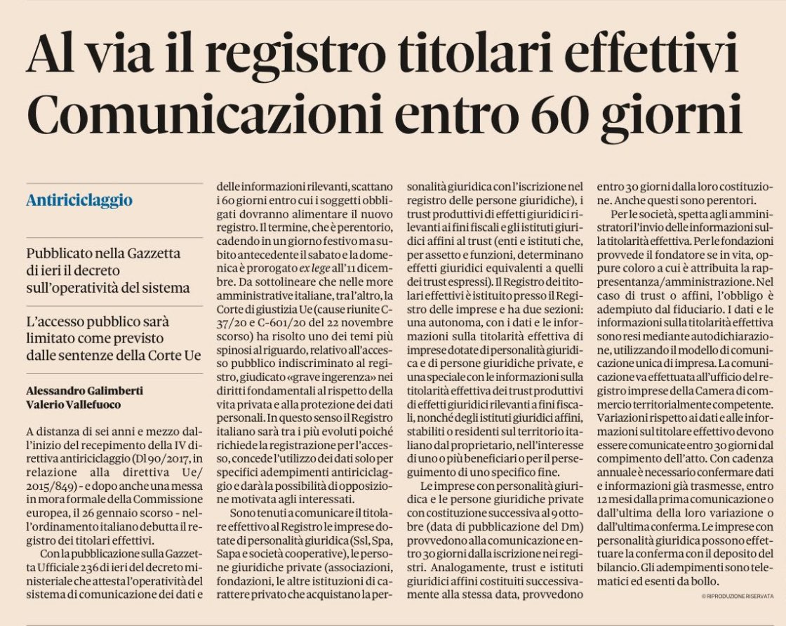 Entro l’11 dicembre il deposito del titolare effettivo al Registro imprese per gli enti dotati di personalità giuridica (escluse le società di persone). #titolareeffettivo #società #ilsole24ore #studiotributariosodini #infocamere #registroimprese