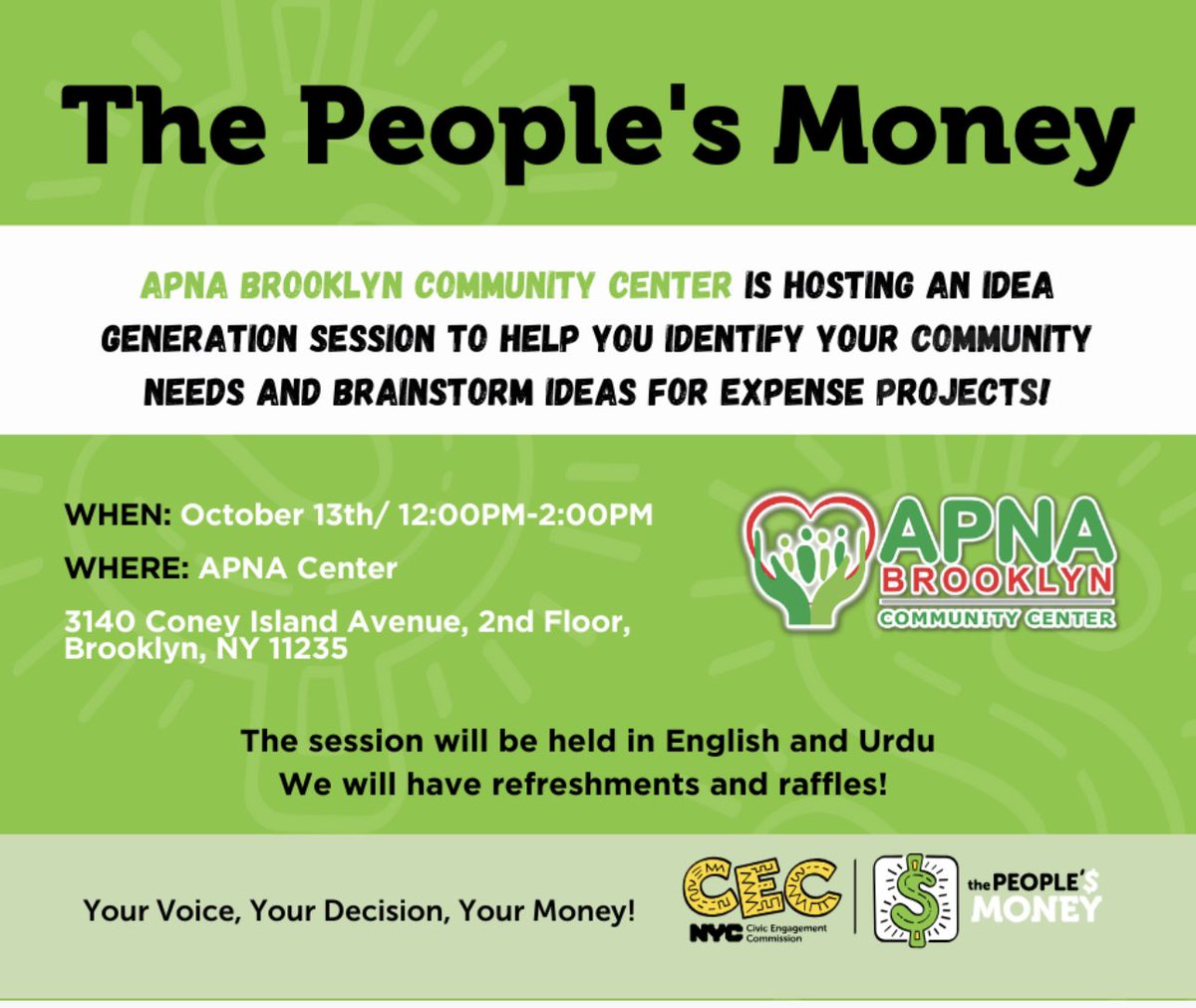 The @NYCCEC is excited to launch the second cycle of #ThePeoplesMoney 2023/24 participatory budgeting process! All New Yorkers age 11 & up will be able to decide how to spend part of the city’s budget. CEC. Join APNA on 10/13 for the idea generation session. #PBinNYC