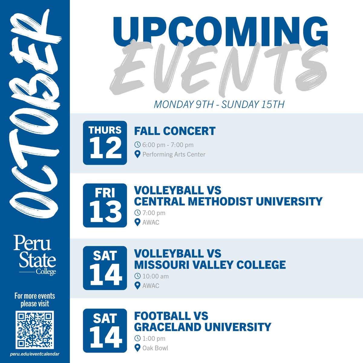 PeruState's tweet photo. Check out the events this week, at Peru State College.
#happyfall2023 #gobobcats #upcomingevents #ClawsOut https://t.co/cSRLzUyauY