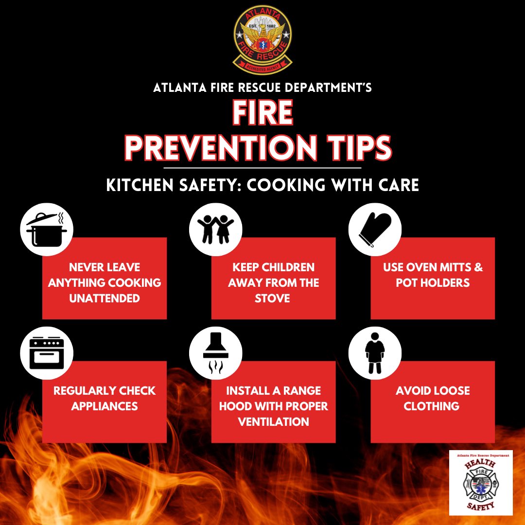 Today's #AFRD Fire Prevention Tip highlights kitchen safety. Follow us on: Twitter (X): @ATLFireRescue Instagram: @atlantafirerescue Facebook: City of Atlanta Fire Rescue Department LinkedIn: Atlanta Fire Rescue Department @ATLPreparedness #FirePreventionWeek🚒🔥