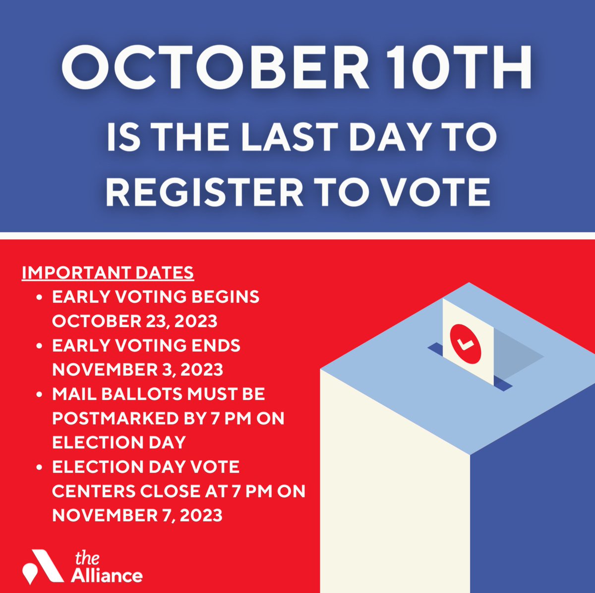 October 10th is the last day to register to vote.

Early Voting begins October 23rd
Early Voting ends November 3rd
Mail ballots must be postmarked by 7 PM on Election Day
Election day vote Centers close at 7 PM on November 7

For more information visit: harrisvotes.com/Event-Calendar…
