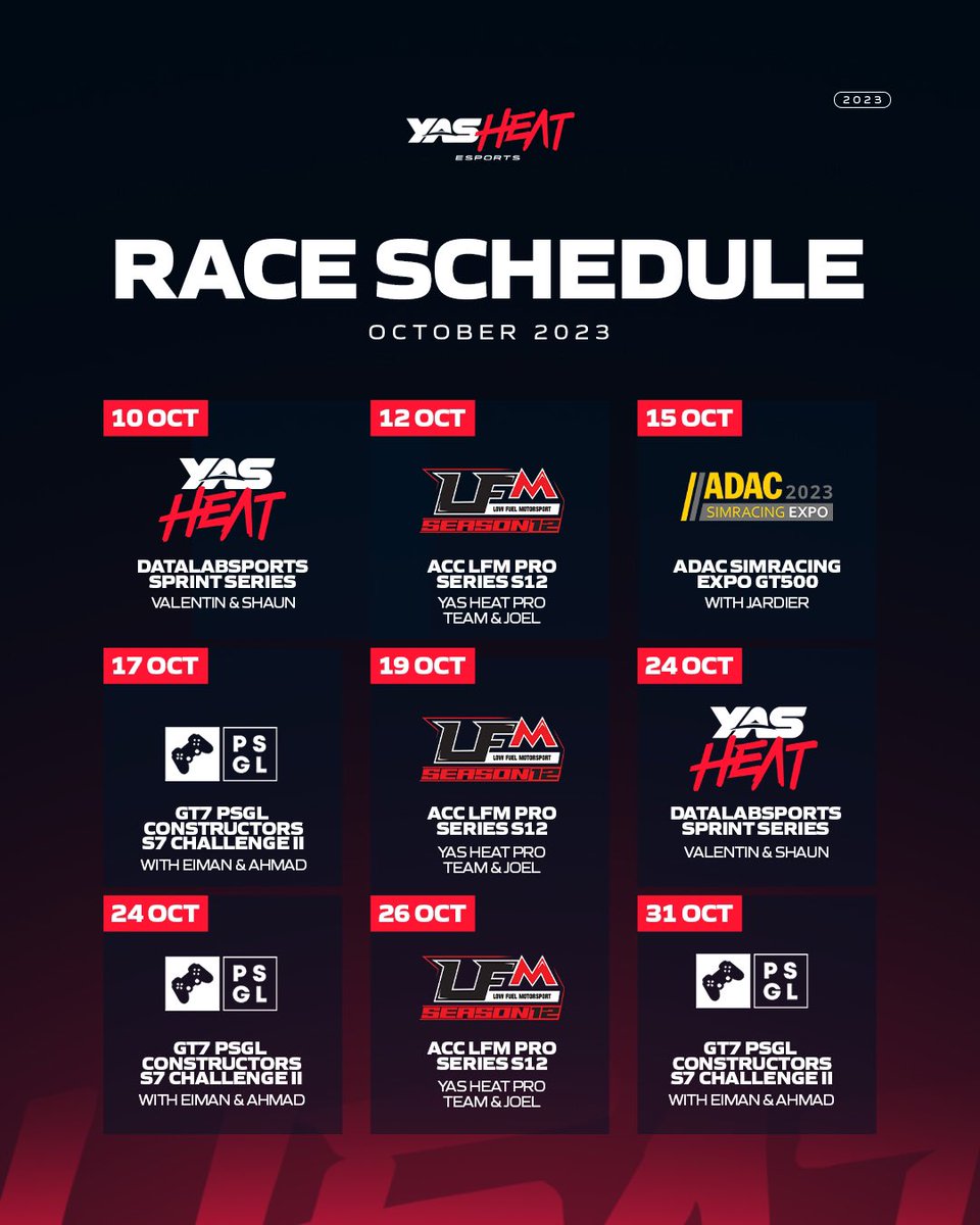 A busy second half of the month for the team, let’s do it! 💪

Looking forward to seeing our new academy driver, <a href="/joel_foxhall/">Joel Foxhall</a>, in YAS colours for the first time! 🔥

<a href="/Pirelli/">Pirelli</a> <a href="/etihad/">Etihad Airways</a> @EtharaOfficial 

#BringTheHeat #ACC