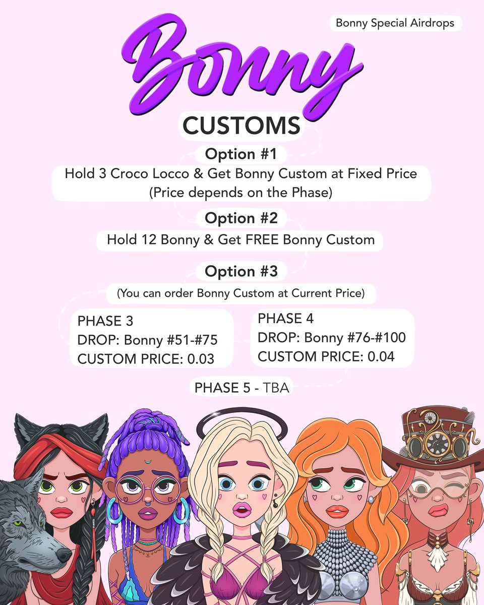 💖Hello #NFTfam 💖

💜 NEW DROP every THURSDAY at
6pm UTC!!!
• 1 Bonny available for RESERVE
(Only for <a href="/croco_locco/">Croco Locco🐊NFT</a> Holders)
• 1 Bonny - AUCTION (2 Hours)

💙 BONUS:
• Hold 1 Croco Locco - 1 Bonny Reserve
• Hold 3 Croco Locco - 1 Bonny Custom at fixed price!

#Bonny