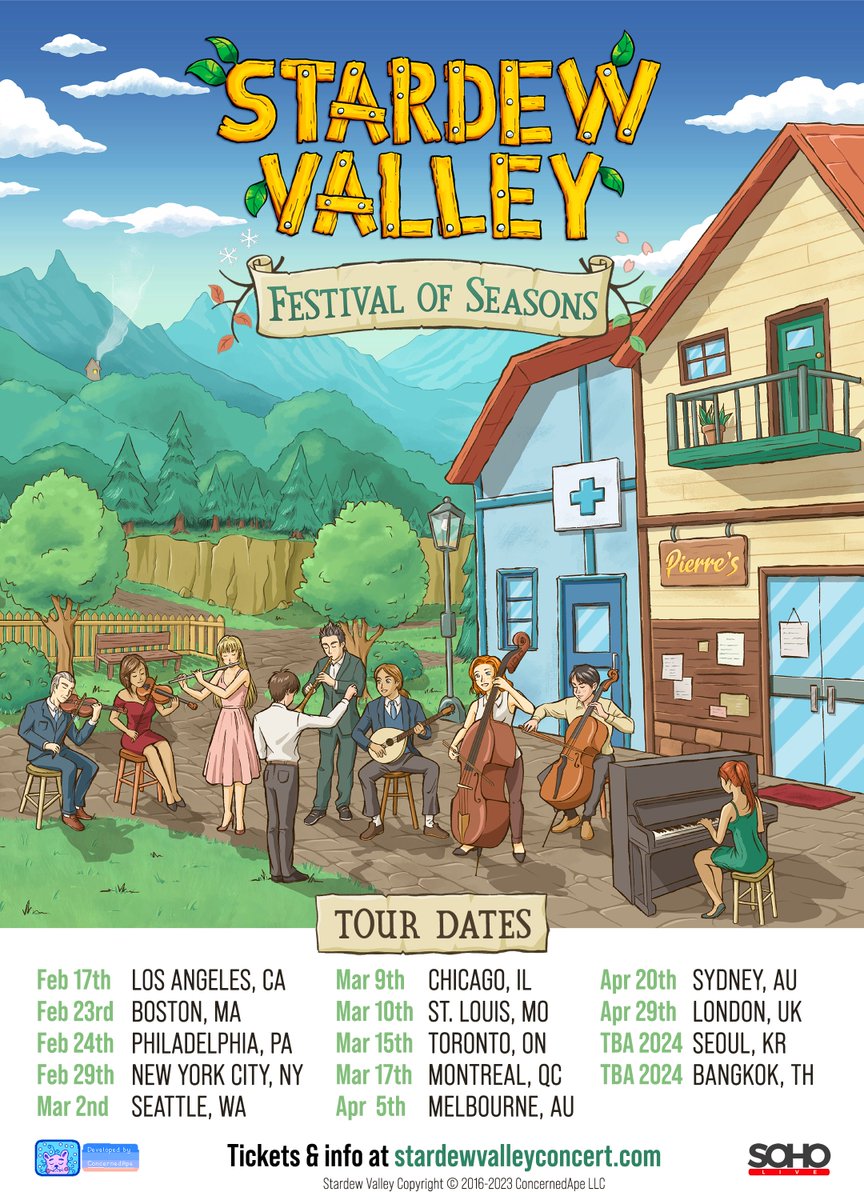 Announcing the first ever Stardew Valley Concert Tour, 'Festival Of Seasons'. A selection of music from Stardew Valley, performed by a chamber orchestra. Cities and dates in the image below. Tickets available starting this Friday 10 am at stardewvalleyconcert.com