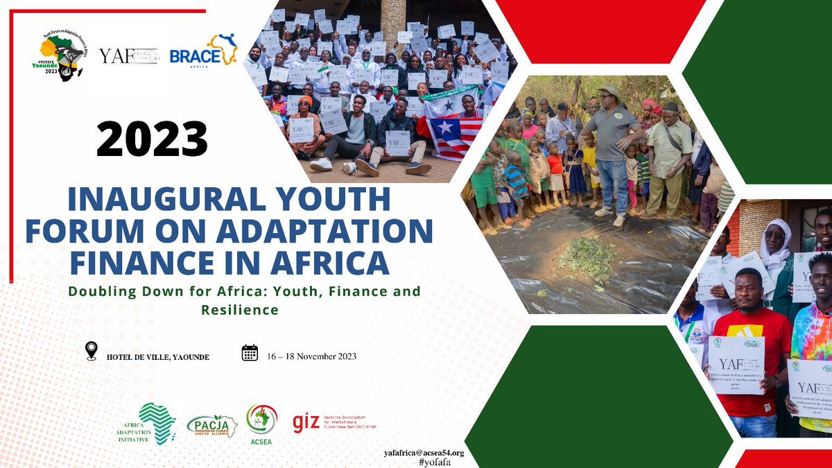 Call for application for the Inaugural Youth Forum on Adaptation Finance in Africa.
Theme: Empowering Africa: More than doubling adaptation finance for a resilient future, from 16 – 18 Nov 2023 in Yaoundé, Cameroon.
Apply here by October 20, 2023 : yafafrica.acsea54.org/youth-forum-on…