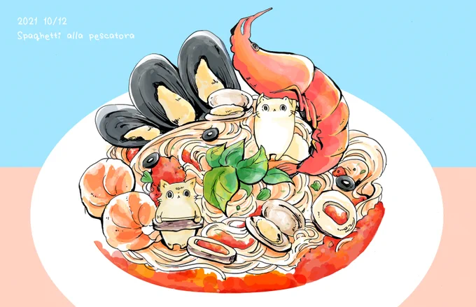 昨日お店でペスカトーレを食べたのですが量が足りなくて今日は自分で作りました。魚介がとても好きです(生まれも育ちも海なし県) 