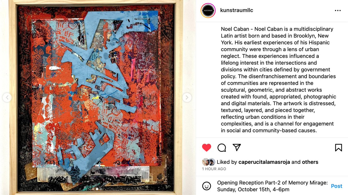 Join me this weekend for the opening reception of Memory Mirage, Pt.2, <a href="/kunstraumllc/">Kunstraum</a> Gallery: Sunday, October 15th, 4-6pm - Showcasing works by residence and community artists. #kunstraumllc #noelcaban #memorymirage #brooklyngallery shorturl.at/zHPT1