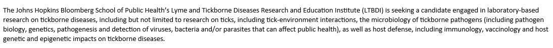 andrewpekosz's tweet photo. If you work on ticks or tickborne diseases and are looking for a faculty position,  send in your application to join @JohnsHopkinsSPH  and @JohnsHopkinsMMI in the new Lyme and Tickborne Diseases Institute https://t.co/gcC1cSrhnB https://t.co/pJOYjzJSlW
