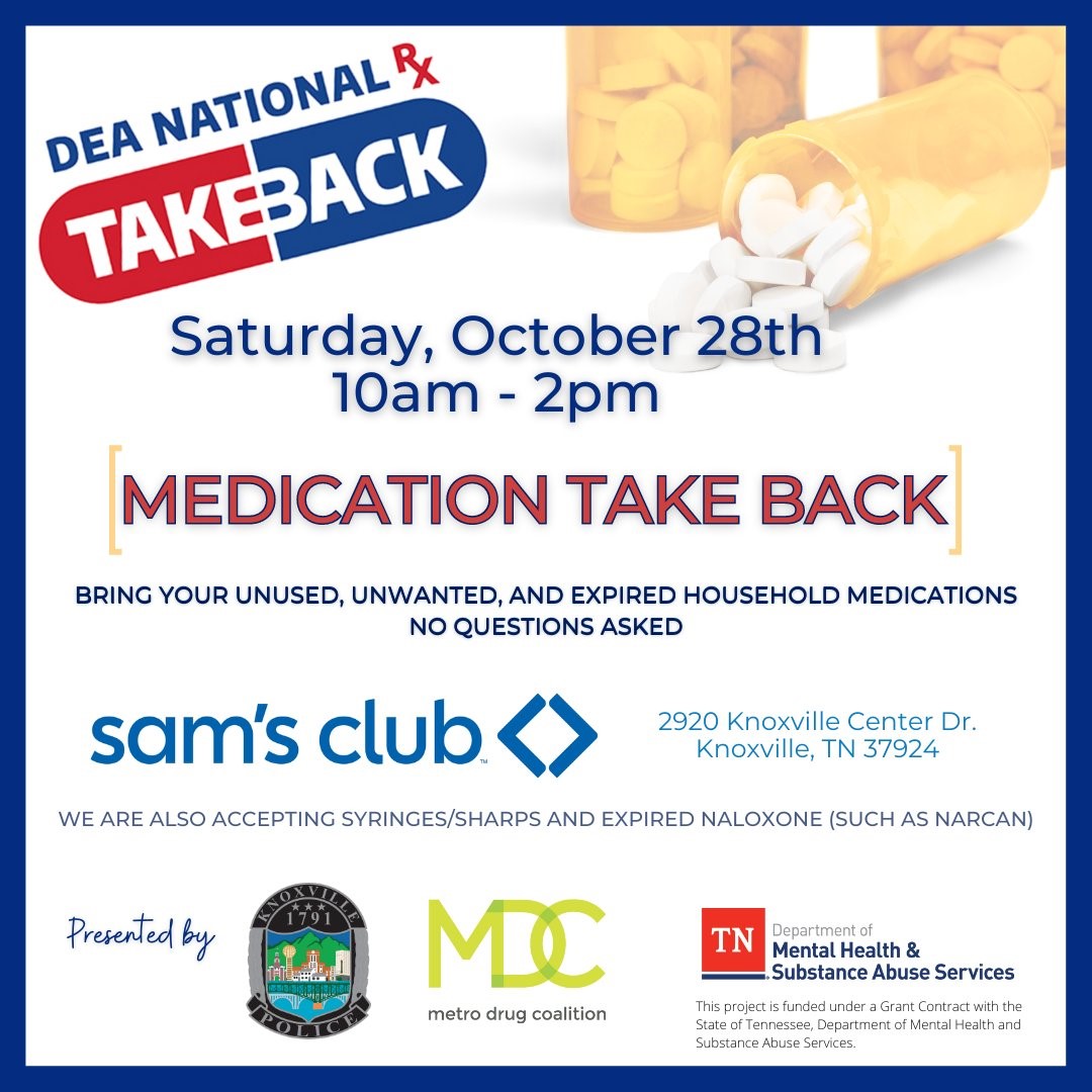 CityKnoxvilleTN's tweet photo. Bring your unused, unwanted or expired household medications for safe disposal to a medication take-back event hosted by @Knoxville_PD &amp; @MetroDrug, Oct. 28, 10 a.m. to 2 p.m. at Sam's Club, 2920 Knoxville Center Drive.  Visit https://t.co/8O1fUbWJR7 for more information. https://t.co/u5r3y9Nv0e