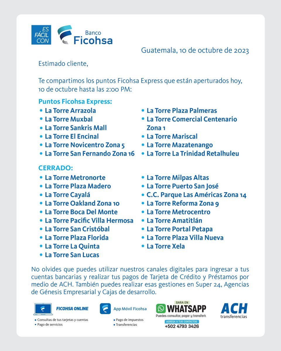 ¡Información importante! 🚨

Damos a conocer nuestros puntos de atención, Agencias Ficohsa y Puntos Ficohsa Express que te atenderán hasta las 2:00 PM de hoy, 10 de octubre.

#FicohsaGT #BancoFicohsa