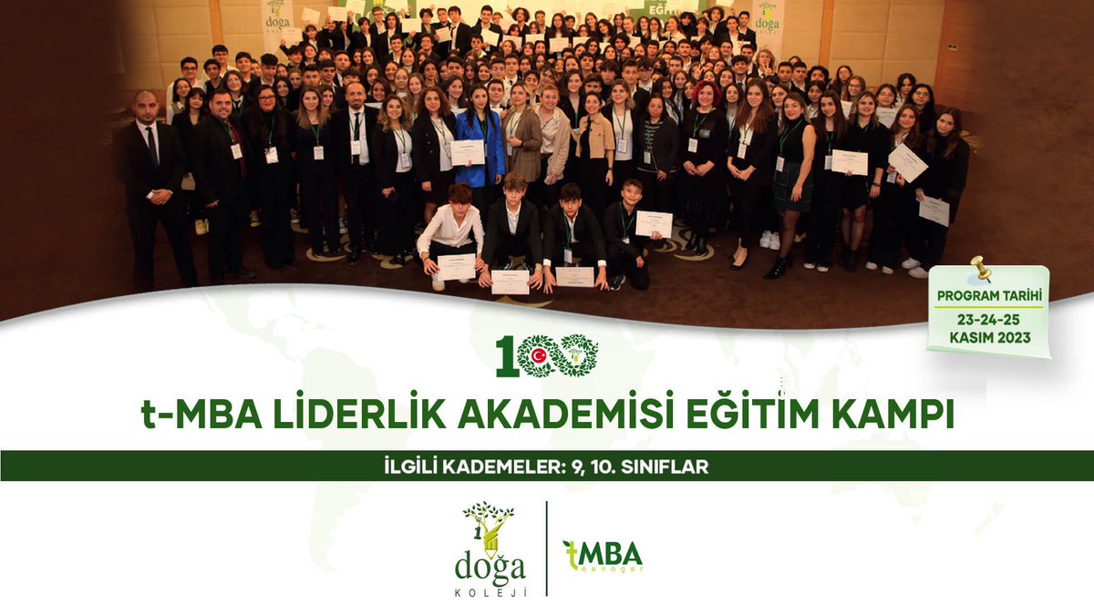 Cumhuriyet'in 100. yılında 100 kampüsümüzün liderlik akademisi öğrencileri 23-24-25 Kasım tarihlerinde gerçekleşecek “t-MBA Liderlik Akademisi Eğitim Kampı”nda alanında uzman eğitmen ve akademisyenlerden sertifikalı eğitim alacaklar. #CumhuriyetinDoğası
#DoğadatMBA