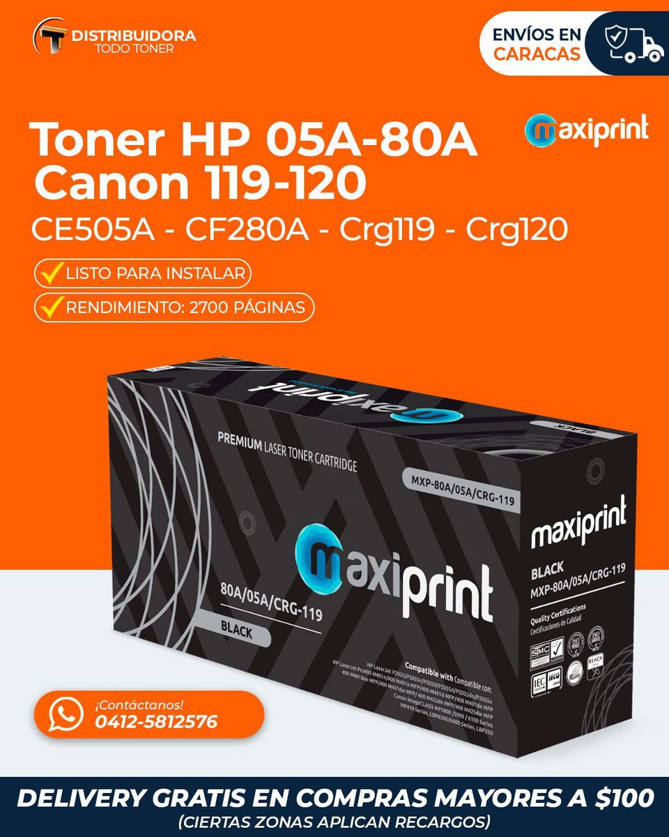 distodotoner's tweet photo. Toner HP 05A - 80A / Canon CRG119 - CRG120

¡Llévatelo con DELIVERY GRATIS en Caracas! 🚚

Contáctanos a través de:
📲WhatsApp: 0412-5812576
✉️ distodotoner@gmail.com

Solicita nuestra lista de precios 👇  escribe "Yo" en los comentarios para enviártela. https://t.co/EeEk9aYNxc