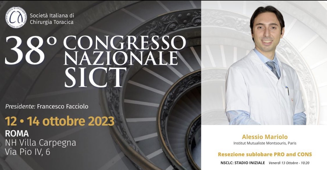 Le 38e Congrès National de la #SICT se tiendra au cœur de Rome, du 12 au 14 Octobre 2023. Le Dr. Alessio Mariolo présentera lors de la session dédiée au CPNPC la question "Pour et Contres la résection sublobaire" 🫁
 👉 sictroma2023.it
 #chirurgiethoracique #IMM
