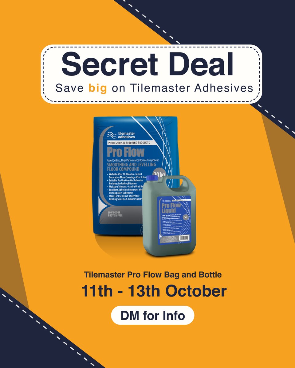 flooringpennine's tweet image. Secret Deal! 🤫

Special Discounts on Tilemaster Adhesive Pro Flow.

Offer applicable on orders placed between 11th and 13th September. Delivery by 20th October 2023.

DM us for info! 📩

#tilemaster #tilemasteradhesive #flooringcontractor #flooring