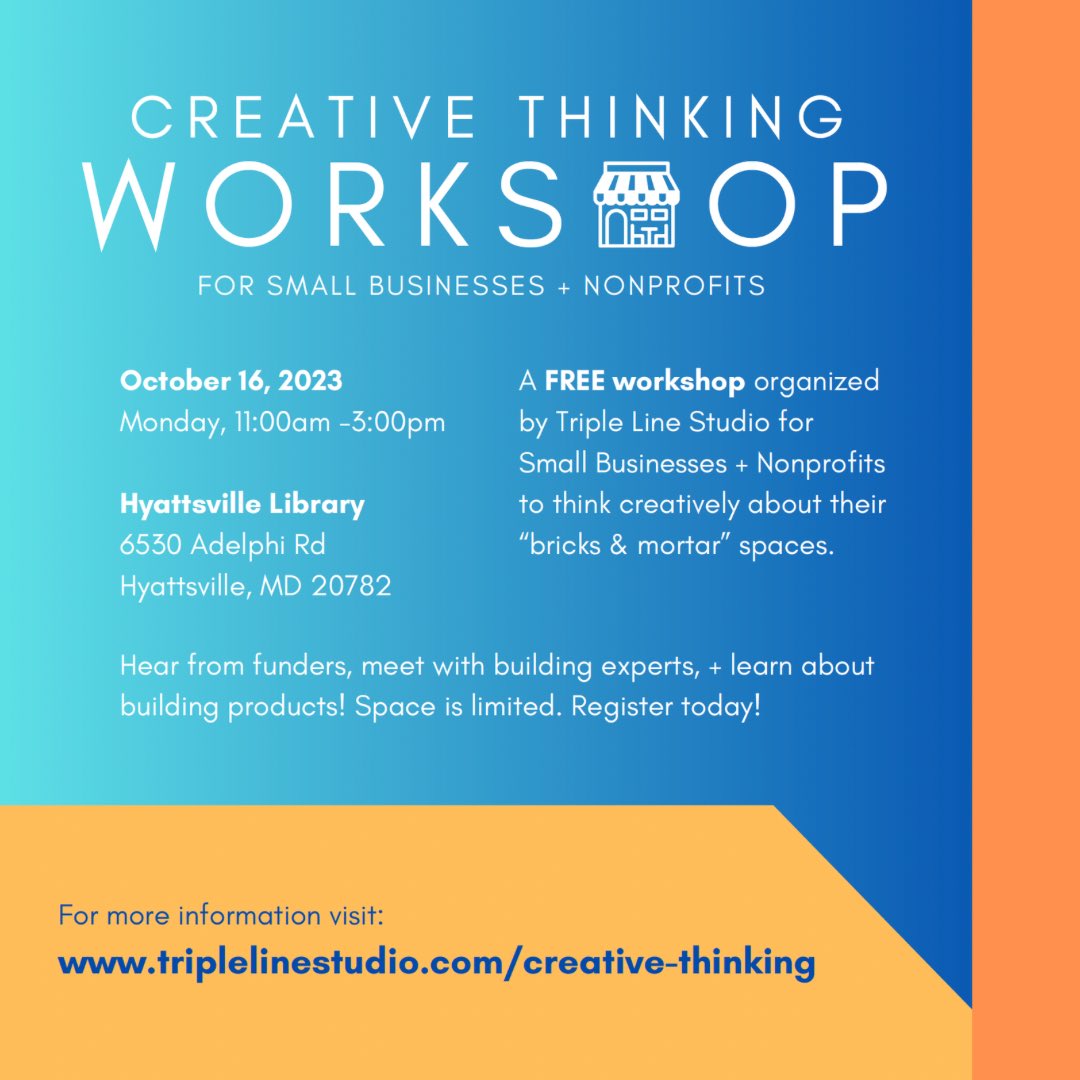 HyattsvilleCDC's tweet photo. We are excited to partner with @triplelinestudio in their FREE WORKSHOP for Small Businesses! Come out and learn how to reimagine your small business! Register at the link in @triplelinestudio bio!

Repost from @triplelinestudio
•
We’re organizing a FREE workshop! https://t.co/nkmnNNCoLQ