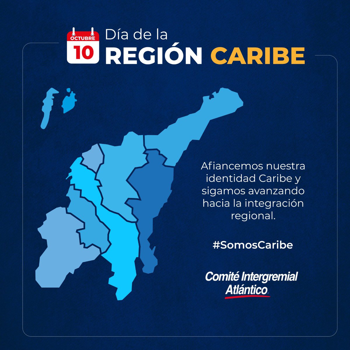 ¡Hoy exaltamos a nuestra región Caribe! 

8 departamentos que abren la puerta del desarrollo al país, gracias a la ubicación estratégica y gran riqueza natural y cultural.

Afiancemos nuestra identidad Caribe y sigamos avanzando hacia la integración regional.

#SomosCaribe🌅