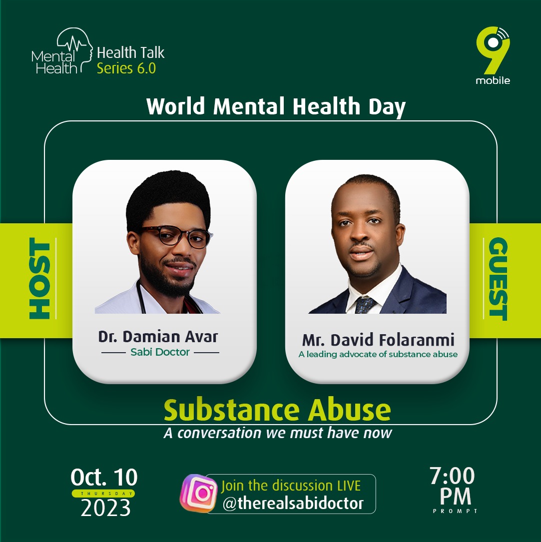 consultchenist's tweet photo. Today is #worldmentalhealthday and on today's #9mobileHealthTalkSeries, we are discussing "Substance abuse: A conversation we must have now"
Join @9mobileng at 7PM on @therealsabidoctor IG live with @davidfolaranmi to have this very important discussion.
#9mobileHealthTalkSeries https://t.co/Uu9kqd48Zf
