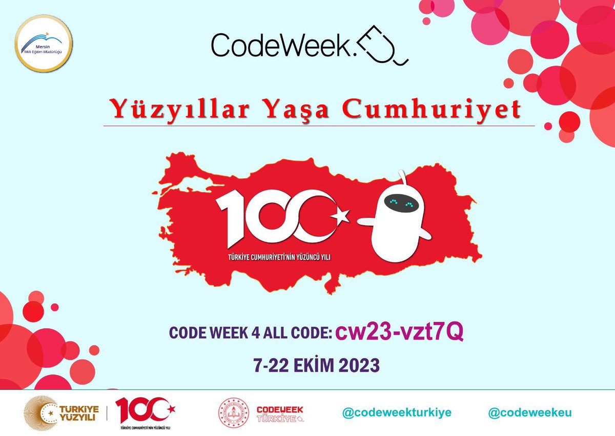 eTwinningMersin's tweet image. 📣Tüm dünyada heyecanla kutlanan Kod Haftası başladı❗️
📍Bu yıl ülkemizde “Türkiye Cumhuriyeti’nin 100. Yılı” temasıyla gerçekleştirilecek etkinliklerinizi kaydetmek için #Code4All ortak kodumuz👇
➡️ cw23-vzt7Q
🔗 codeweek.eu
@mebyegitek @ahpehlivan53 @AdemKoca46