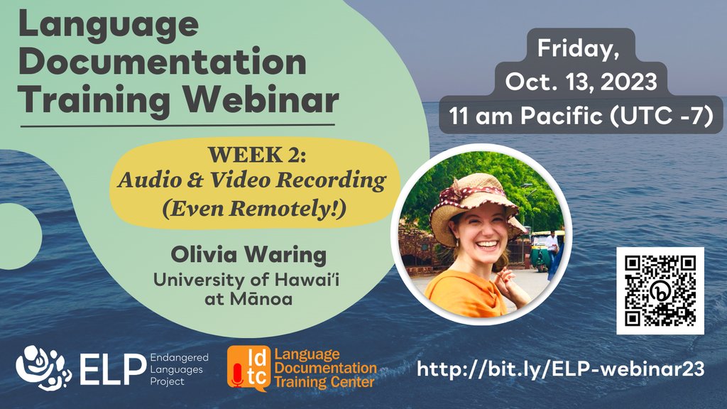 _ELProject's tweet image. Join ELP &amp;amp; @ldtc_hawaii Friday at 11am Pacific, for the second session of the #LanguageDocumentation Webinars - how to make good audio and video recordings of your language, even if all you have is a cell phone! 📱

Register here: bit.ly/ELP-webinar23