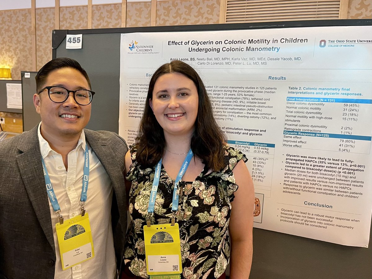 In <a href="/OhioStateMed/">The Ohio State University College of Medicine</a> M4 <a href="/AnnaELeone/">Anna Leone, MD</a>’s TWO posters, she found that glycerin during colonic manometry can trigger HAPCs in those w/o response to bisacodyl.

She also found that extent of colon studied was better w colonoscopy cath placement vs IR. 👏