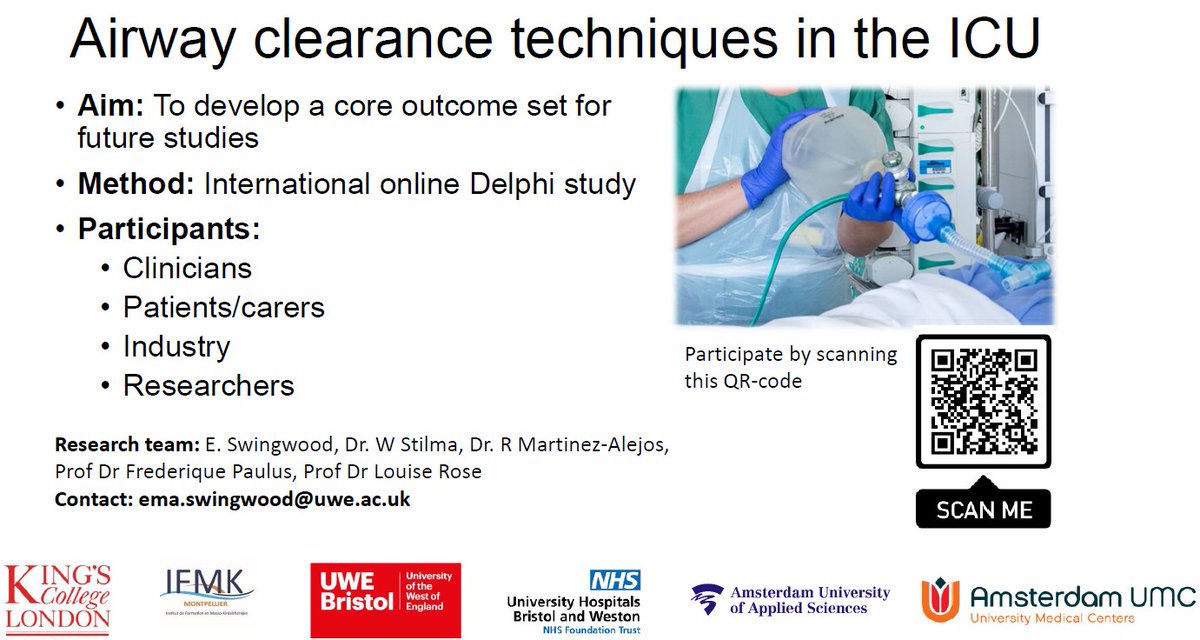 Ema Swingwood (She/her) (@emaroids1) on Twitter photo There are just 4 days to go until Round 1 of our Delphi closes-aiming to establish a core outcome set for airway clearance in ICU.
Have you registered? If not please use this link:
delphimanager.liv.ac.uk/secretion_clea…
<a href="/ICS_updates/">Intensive Care Society 💙</a> <a href="/TheACPRC/">ACPRC</a> <a href="/ICUsteps/">ICUsteps</a> <a href="/ESICM/">ESICM</a> <a href="/WorldPhysio1951/">World Physiotherapy</a> <a href="/BTSrespiratory/">British Thoracic Society (BTS)</a> There are just 4 days to go until Round 1 of our Delphi closes-aiming to establish a core outcome set for airway clearance in ICU.
Have you registered? If not please use this link:
delphimanager.liv.ac.uk/secretion_clea…
<a href="/ICS_updates/">Intensive Care Society 💙</a> <a href="/TheACPRC/">ACPRC</a> <a href="/ICUsteps/">ICUsteps</a> <a href="/ESICM/">ESICM</a> <a href="/WorldPhysio1951/">World Physiotherapy</a> <a href="/BTSrespiratory/">British Thoracic Society (BTS)</a>