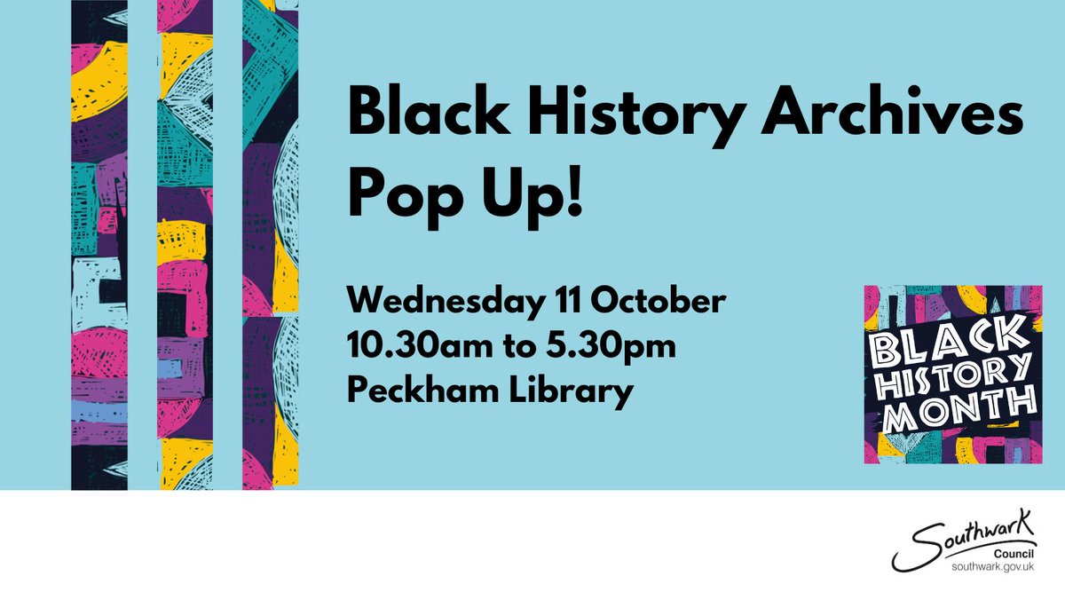 SouthwarkLibs's tweet image. TOMORROW at #PeckhamLibrary, come along and explore photographs, posters, books, press cuttings, displays, films and more on Black heritage in Southwark!

Wednesday 11 October 2023
10.30am to 5.30pm 
Peckham Library 
orlo.uk/WtV7m

#BlackHistoryMonth