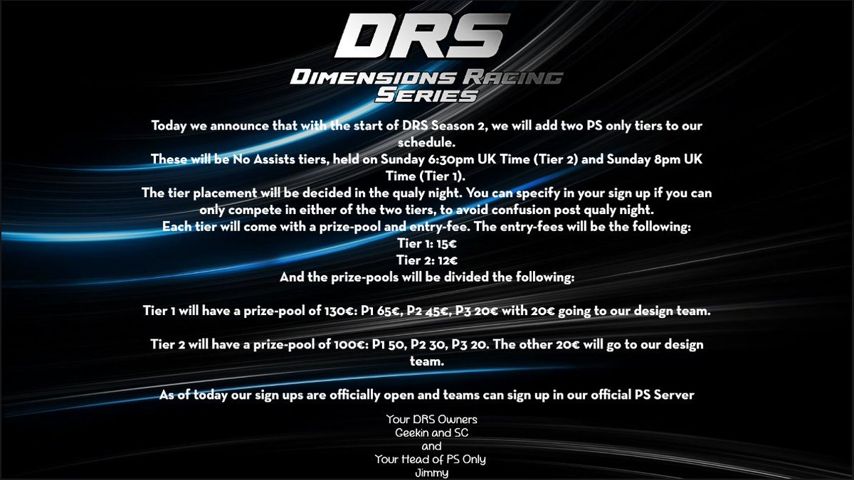 News about Season 2 for <a href="/DRS_Series/">Dimensions Racing Series</a> 👏 

discord.gg/TYyCxpuvpD