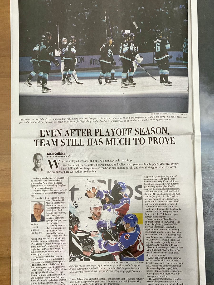 paulbarrett6's tweet photo. More top-notch work from the @SeaTimesSports team: Pick up today’s Seattle Times for our Kraken preview section, designed by @WStrausbaugh and @richboudet. Great job by all involved! https://t.co/QsqyU5seli