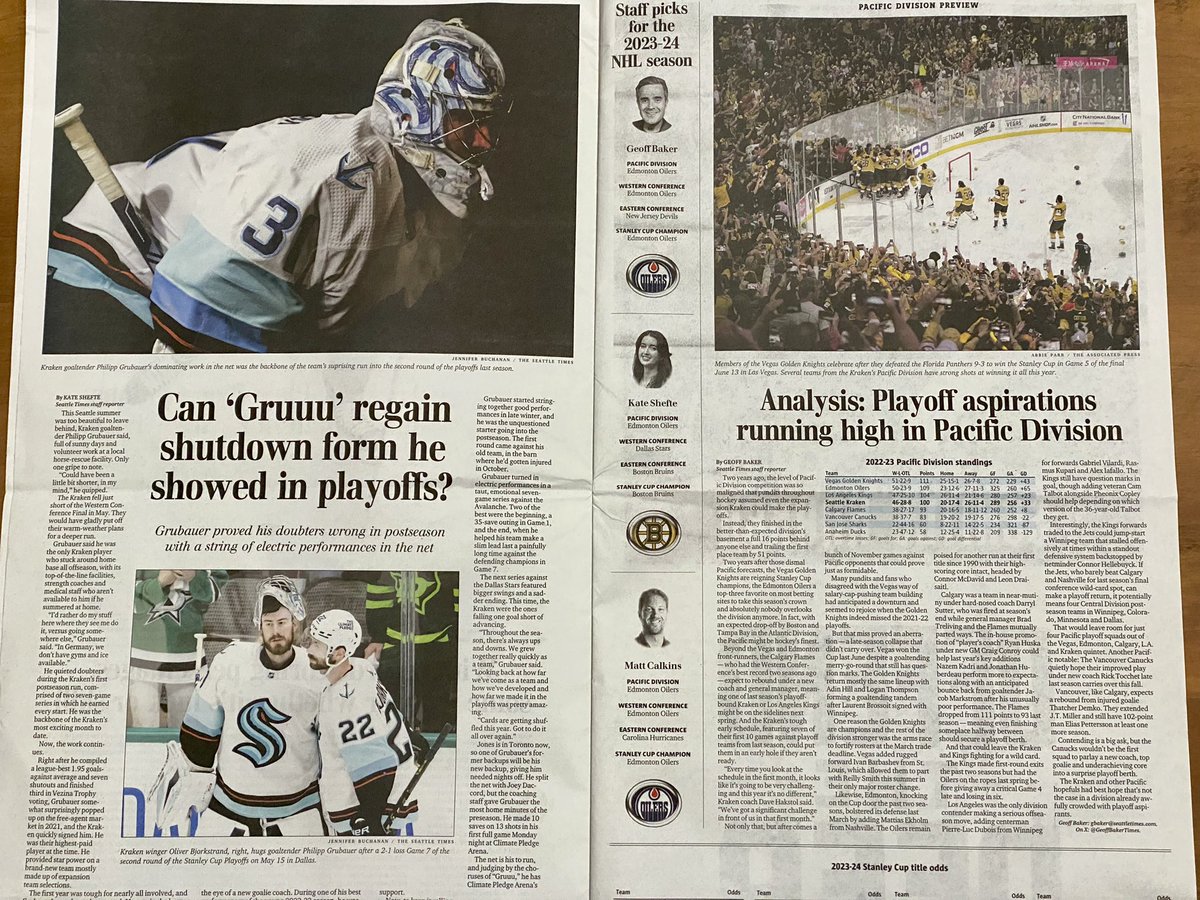 paulbarrett6's tweet photo. More top-notch work from the @SeaTimesSports team: Pick up today’s Seattle Times for our Kraken preview section, designed by @WStrausbaugh and @richboudet. Great job by all involved! https://t.co/QsqyU5seli